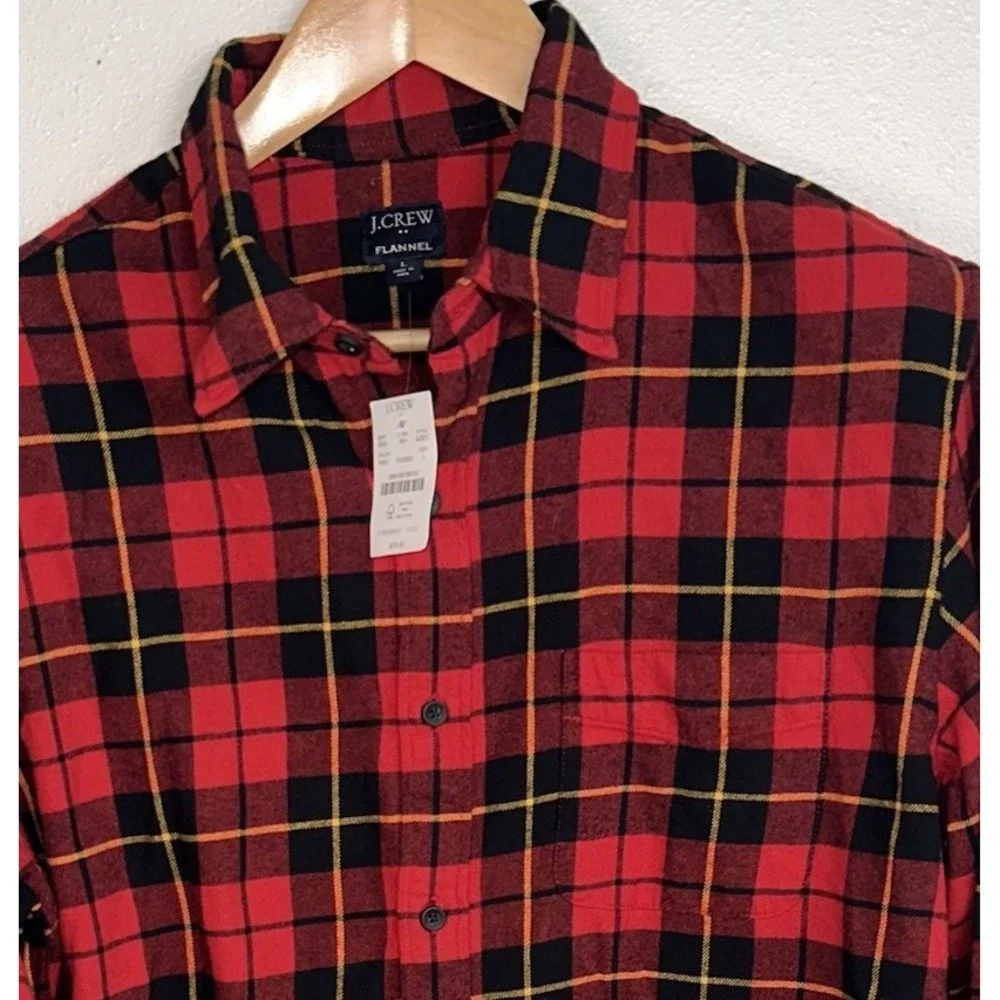 New J.Crew Plaid Flannel Shirt Mens Large Long Sleeve Button‎ Up Red Black